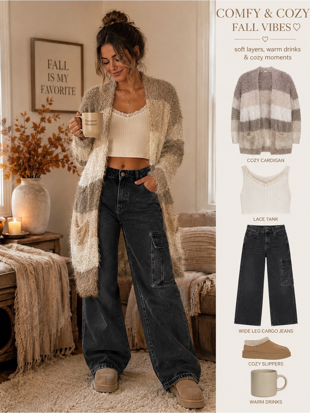 Cozy 2026 Fall Cardigan Fuzzy Knit Open Front Neutral Taupe Cream Boho Sweater